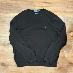 Vintage 90s polo ralph lauren black knit sweater with purple embroidered‎ pony